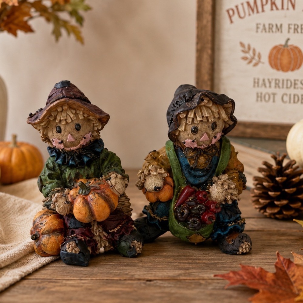 Vintage Style Resin‎ Scarecrow Figurines Fall Harvest Decor Set of 2 6 Inch